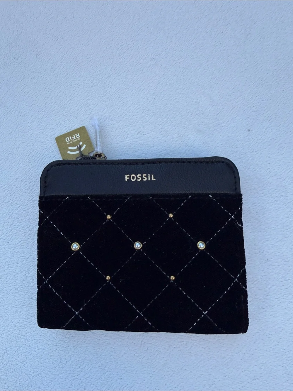 Fossil Black Quilted Zip Coin Wallet with Gold Accents
